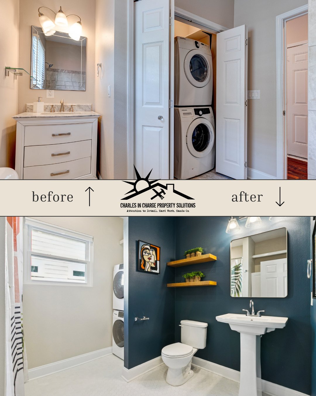 Before and after of a bathroom and laundry nook remodel with a navy accent wall