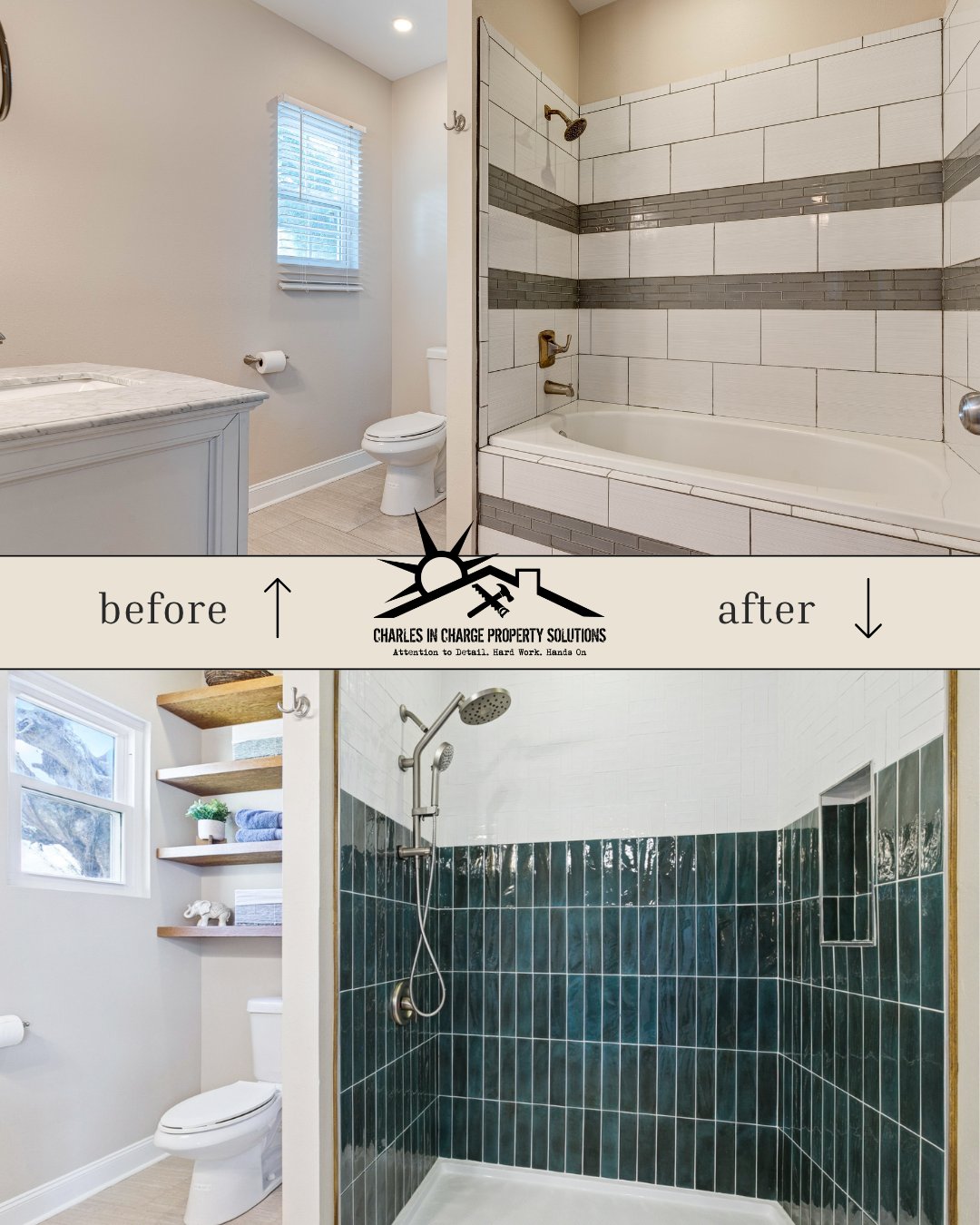Before and after of a tub-to-shower conversion with hand-glazed tile