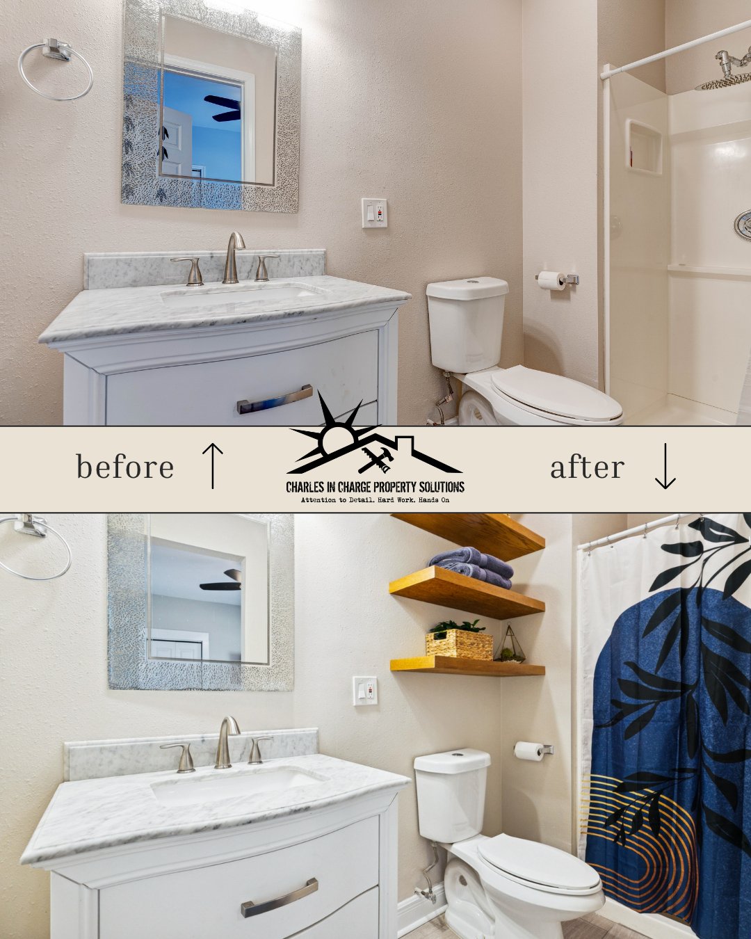 Before and after of a bathroom vanity remodel with a new shower curtain and floating shelving