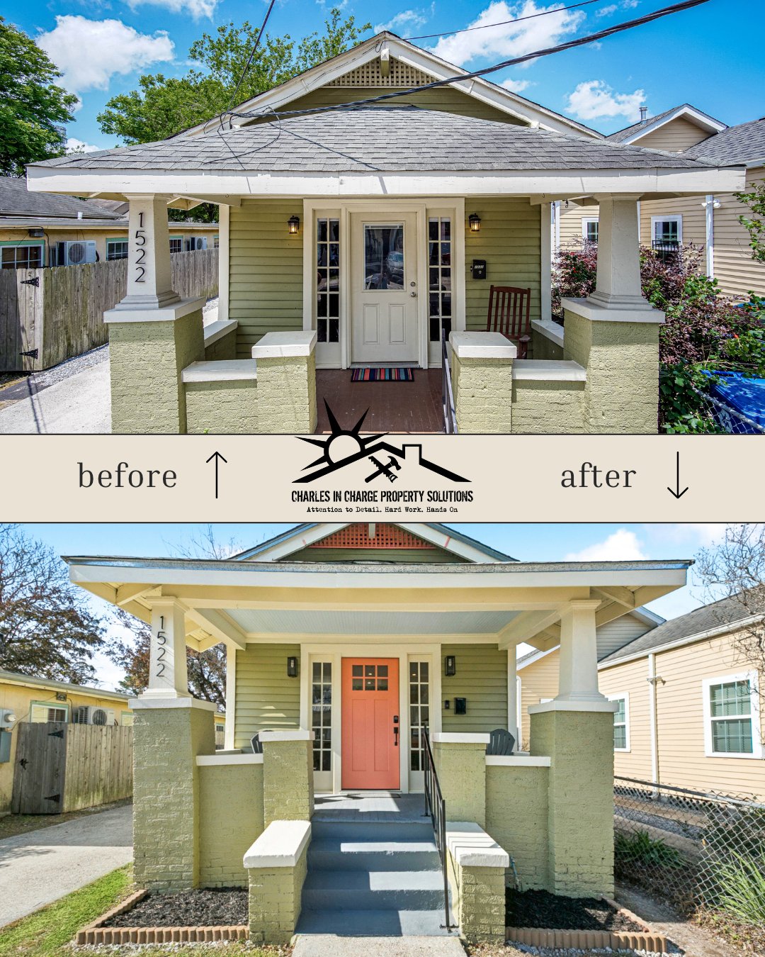 Before and after of a craftsman bungalow exterior repaint and porch refresh