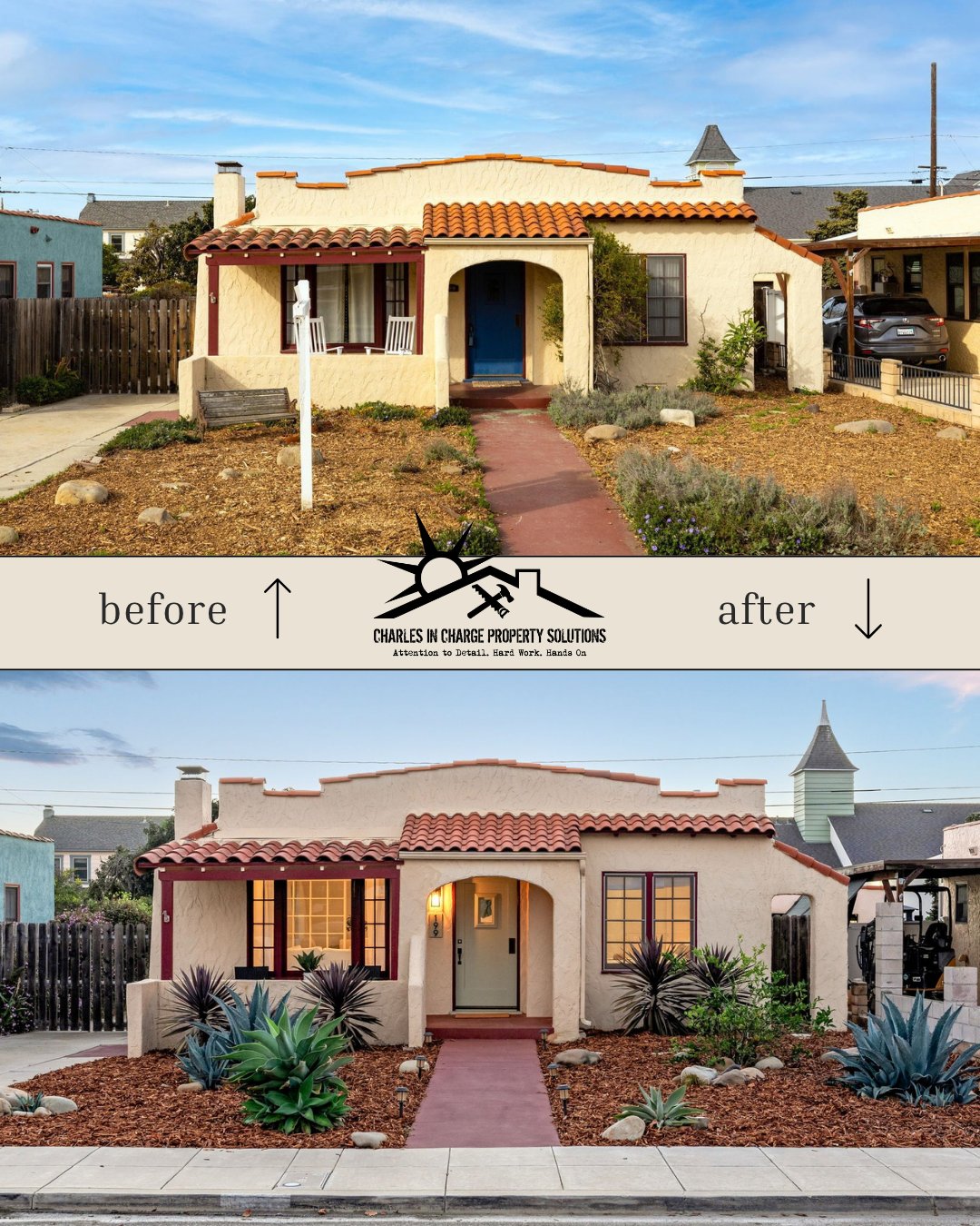 Before and after of a Spanish-style stucco home exterior with new desert landscaping