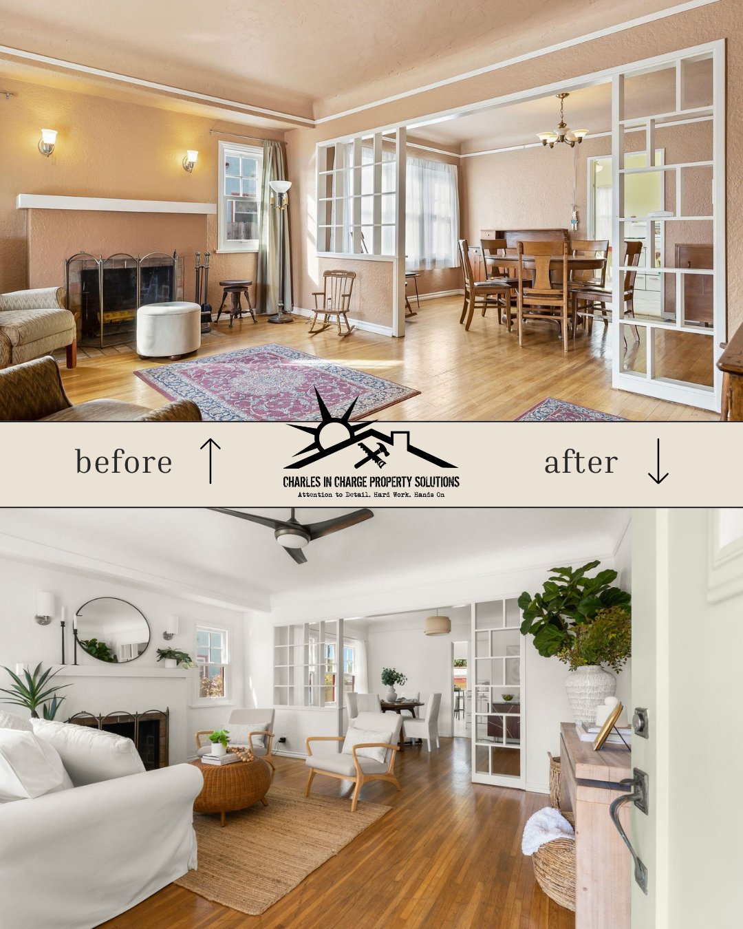 Before and after of a living and dining room remodel with a painted glass-panel room divider