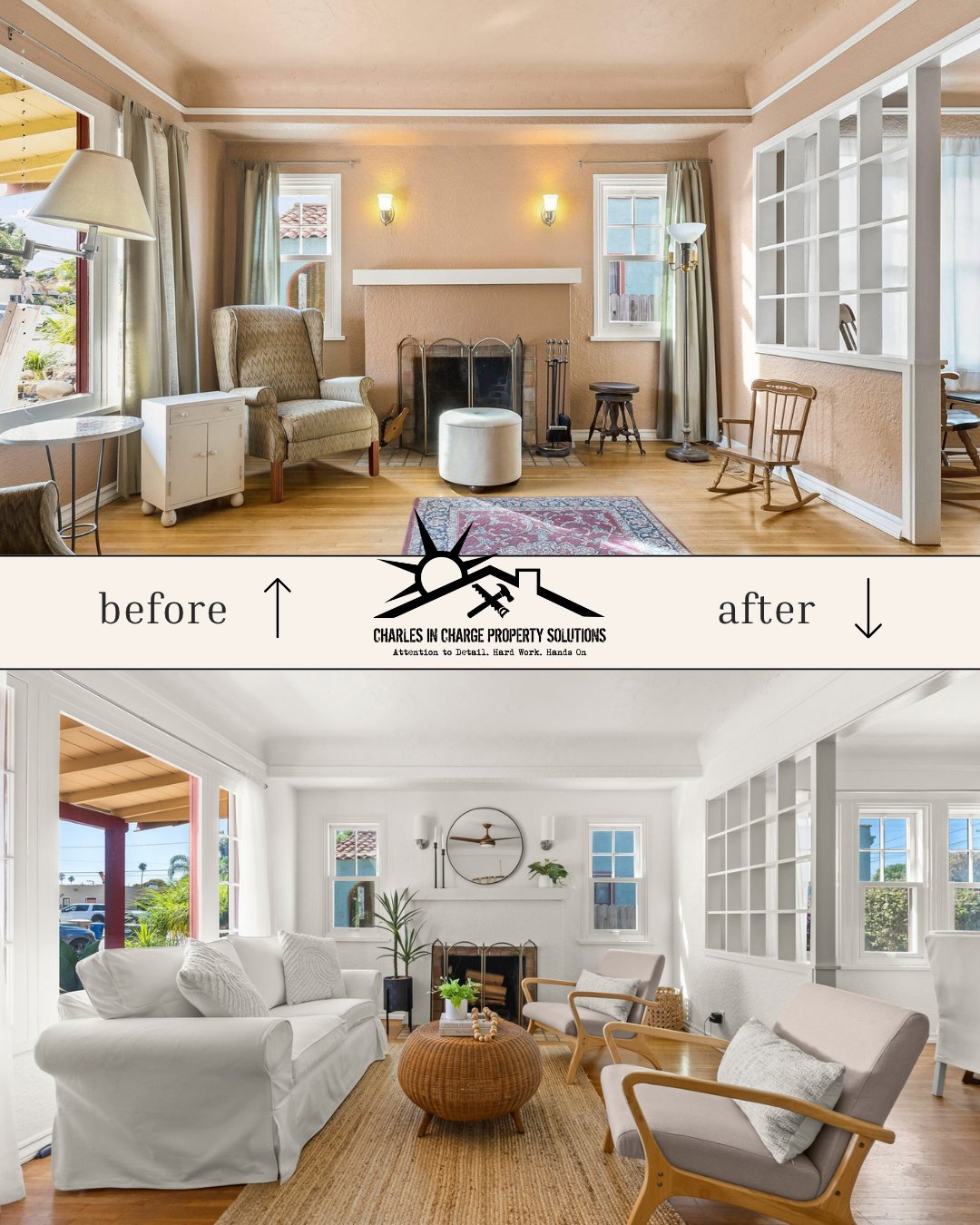 Before and after of the same living room remodel from a wider angle showing the fireplace