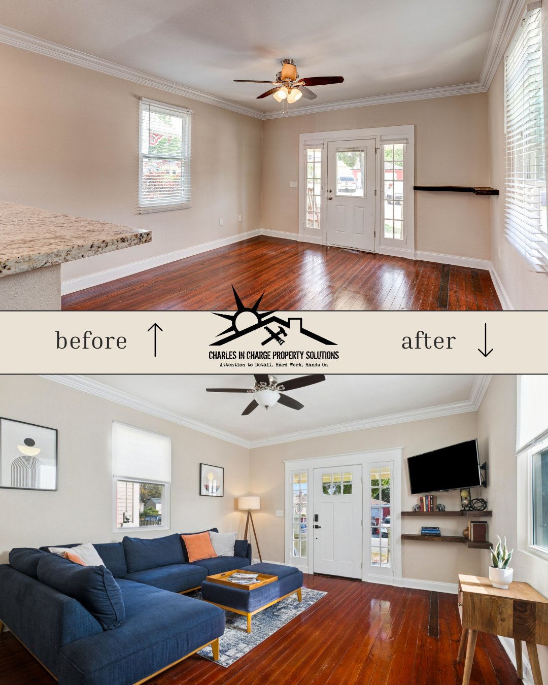 Before and after of a living room with refinished hardwood flooring and new furnishings