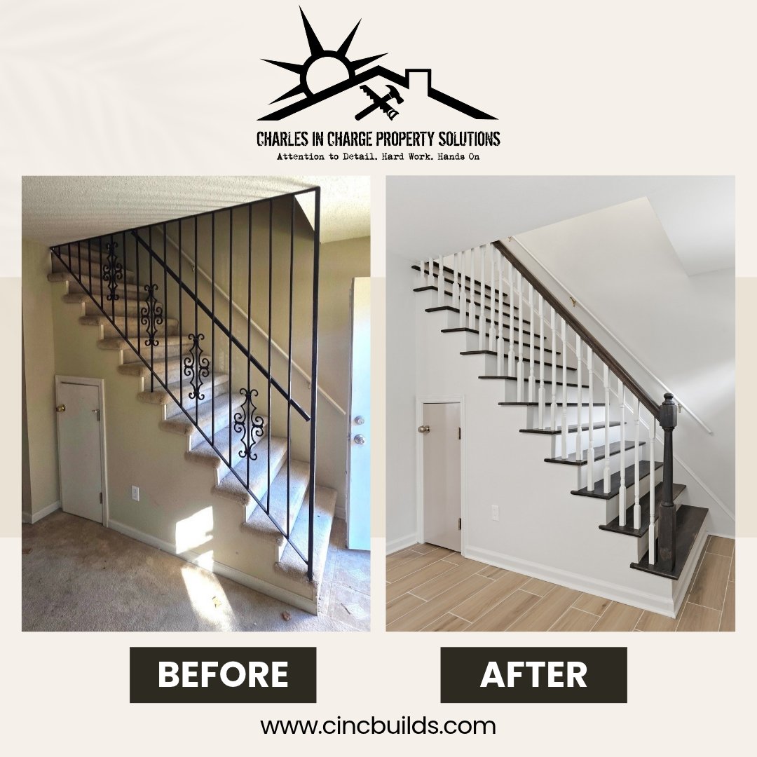 Before and after of a staircase railing replacement and refinish